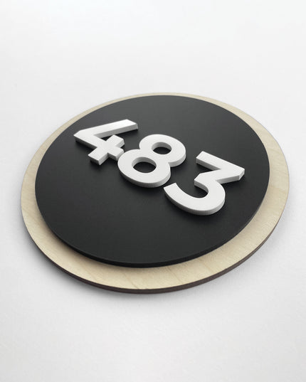 ALUMADESIGNCO round wood and acrylic door number sign with raised black acrylic characters, minimalist Scandinavian hotel room number plaque for hospitality interiors