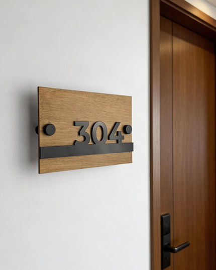 ALUMADESIGNCO Horizon Design wood apartment door number sign with standoff hardware and acrylic numbers, stylish wall plaque for apartments and contemporary interiors
