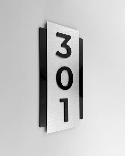 ALUMADESIGNCO brushed silver and acrylic vertical room number plaque with minimalist modern design, premium wall signage for hotels, offices, and apartments