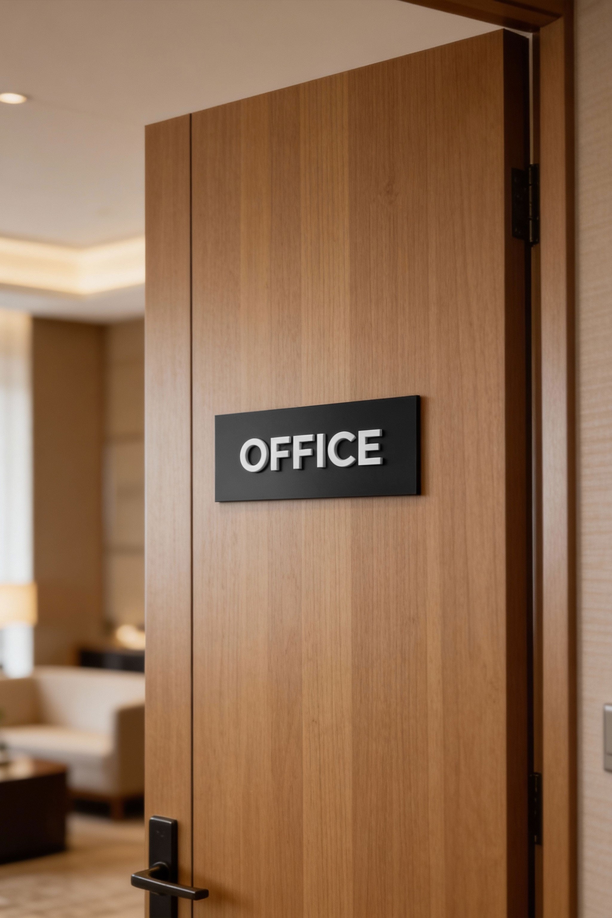 Custom black door name plate with white acrylic text by ALUMADESIGNCO, modern office and hotel sign for stylish interiors and door wayfinding