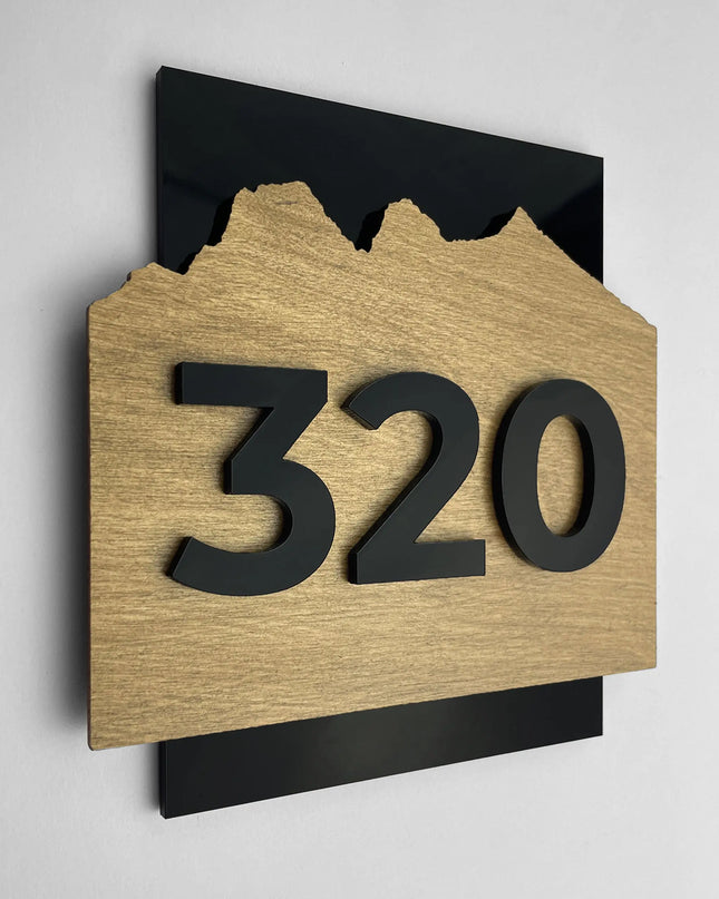 Modern Alpine Design door number sign by ALUMADESIGNCO crafted from birch plywood and black acrylic glass numbers, minimalist Scandinavian door plaque ideal for hotel rooms, offices, and luxury apartment corridors