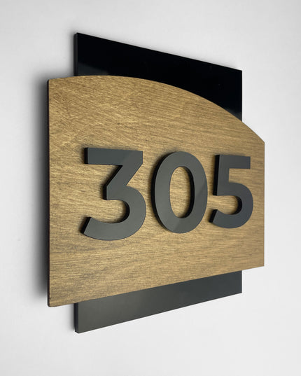 Custom door number sign by ALUMADESIGNCO crafted from birch wood and black acrylic numbers, modern wood and acrylic door plaque designed for hotel rooms, apartments, and contemporary interiors