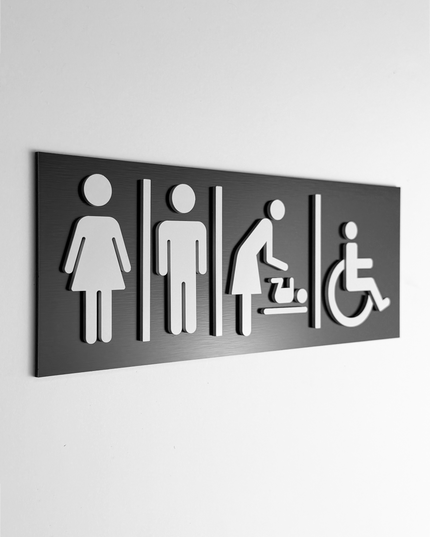 ALUMADESIGNCO all gender bathroom sign with modern inclusive pictogram, premium restroom door signage for offices, hotels, cafés, and commercial interiors