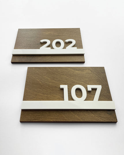 Premium Horizon wooden door number plaque by ALUMADESIGNCO with 3D glossy white acrylic numbers, modern hotel room signage and apartment door numbers