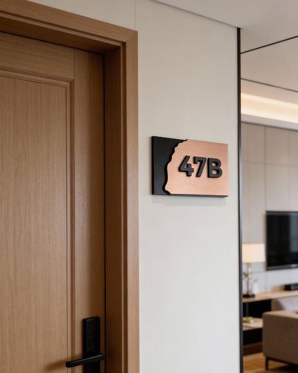 Premium Fusion interior room number sign by ALUMADESIGNCO featuring wood and acrylic materials, modern door signage for hotels, apartments, and offices