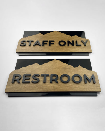 Modern Alpine Design wall door sign by ALUMADESIGNCO combining natural birch wood plate and black acrylic lettering, stylish signage for interior spaces