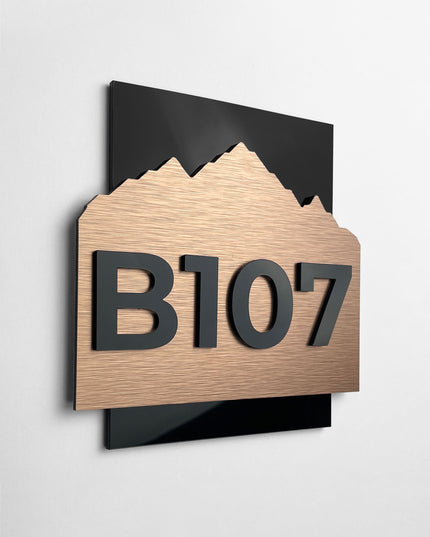 Luxury bronze hotel door number sign Alpine Design by ALUMADESIGNCO, modern door plaque for boutique hotels, apartments, and contemporary interiors
