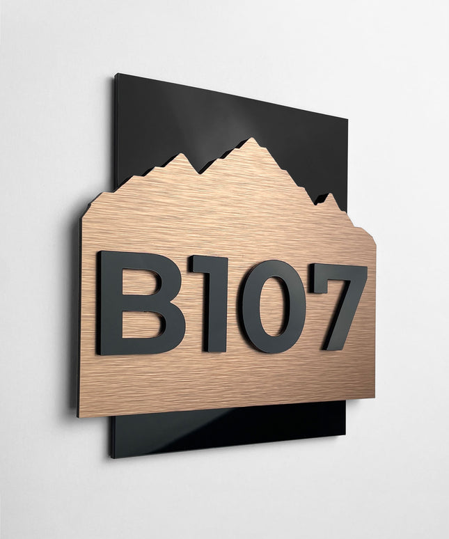 Luxury bronze hotel door number sign Alpine Design by ALUMADESIGNCO, modern door plaque for boutique hotels, apartments, and contemporary interiors