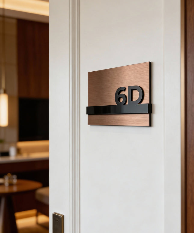ALUMADESIGNCO Horizon Design room number sign with 3D acrylic numbers, modern door signage for hotels, apartments, Airbnb properties, and offices