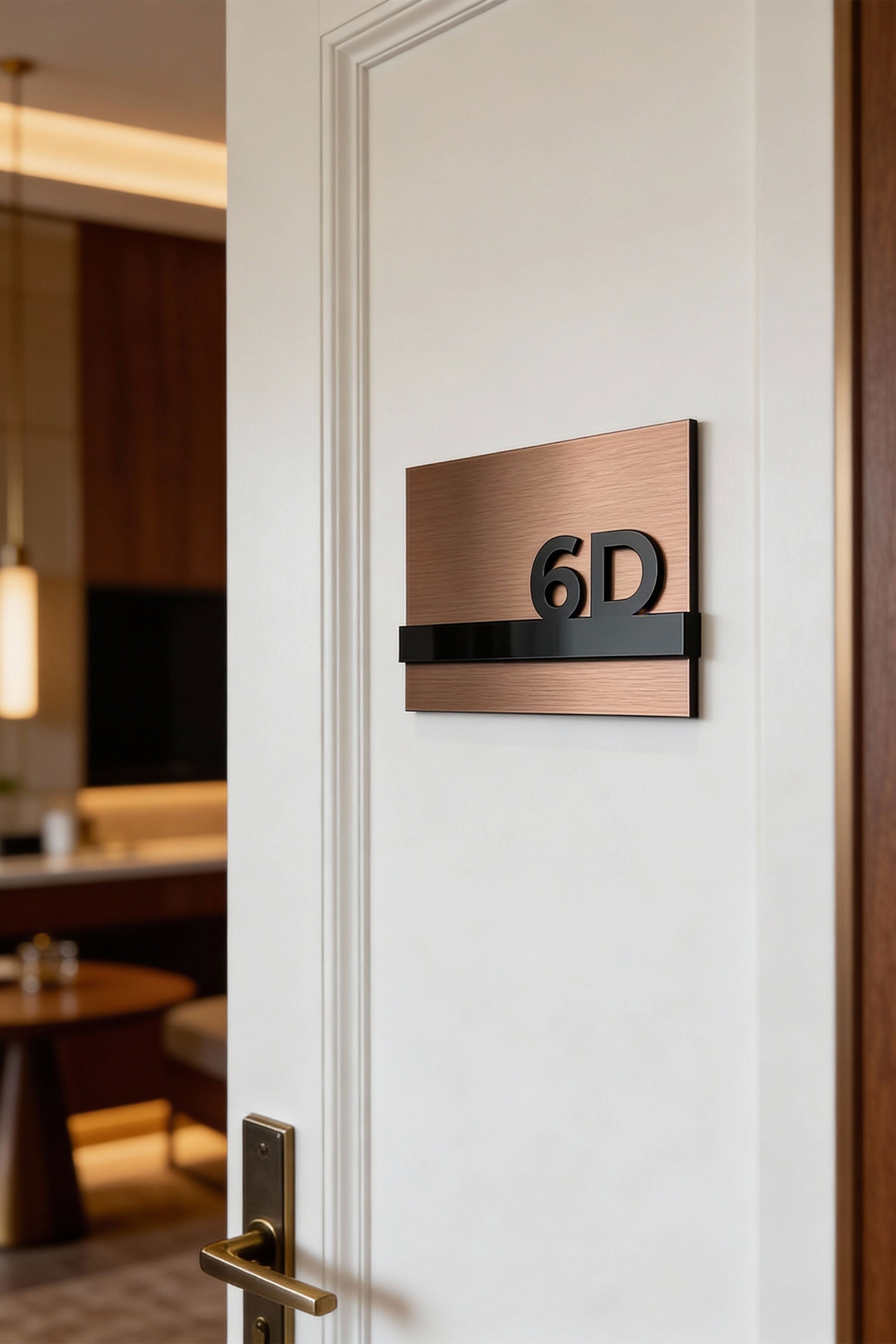 ALUMADESIGNCO Horizon Design room number sign with 3D acrylic numbers, modern door signage for hotels, apartments, Airbnb properties, and offices