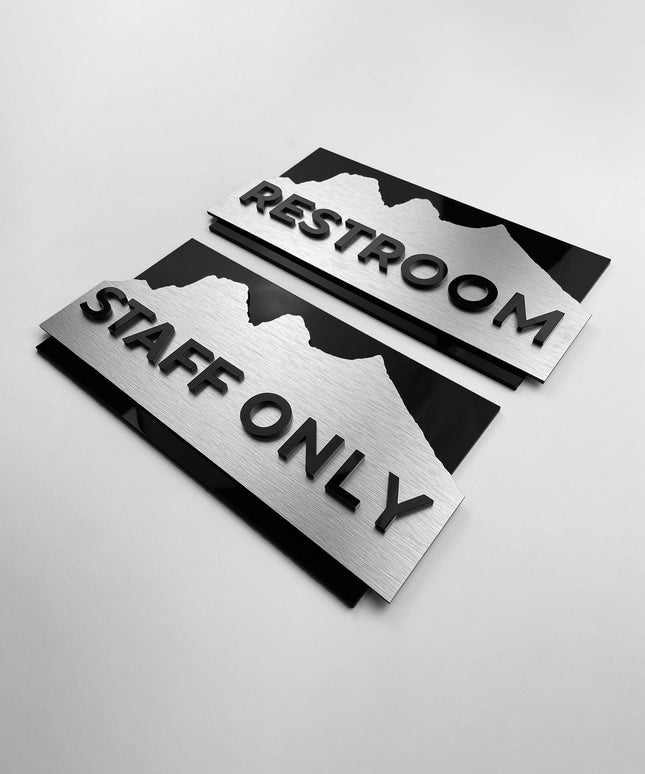 Custom Alpine hotel door sign by ALUMADESIGNCO for staff only, office, restroom, and facility signage, modern wayfinding plaque for hotels and offices