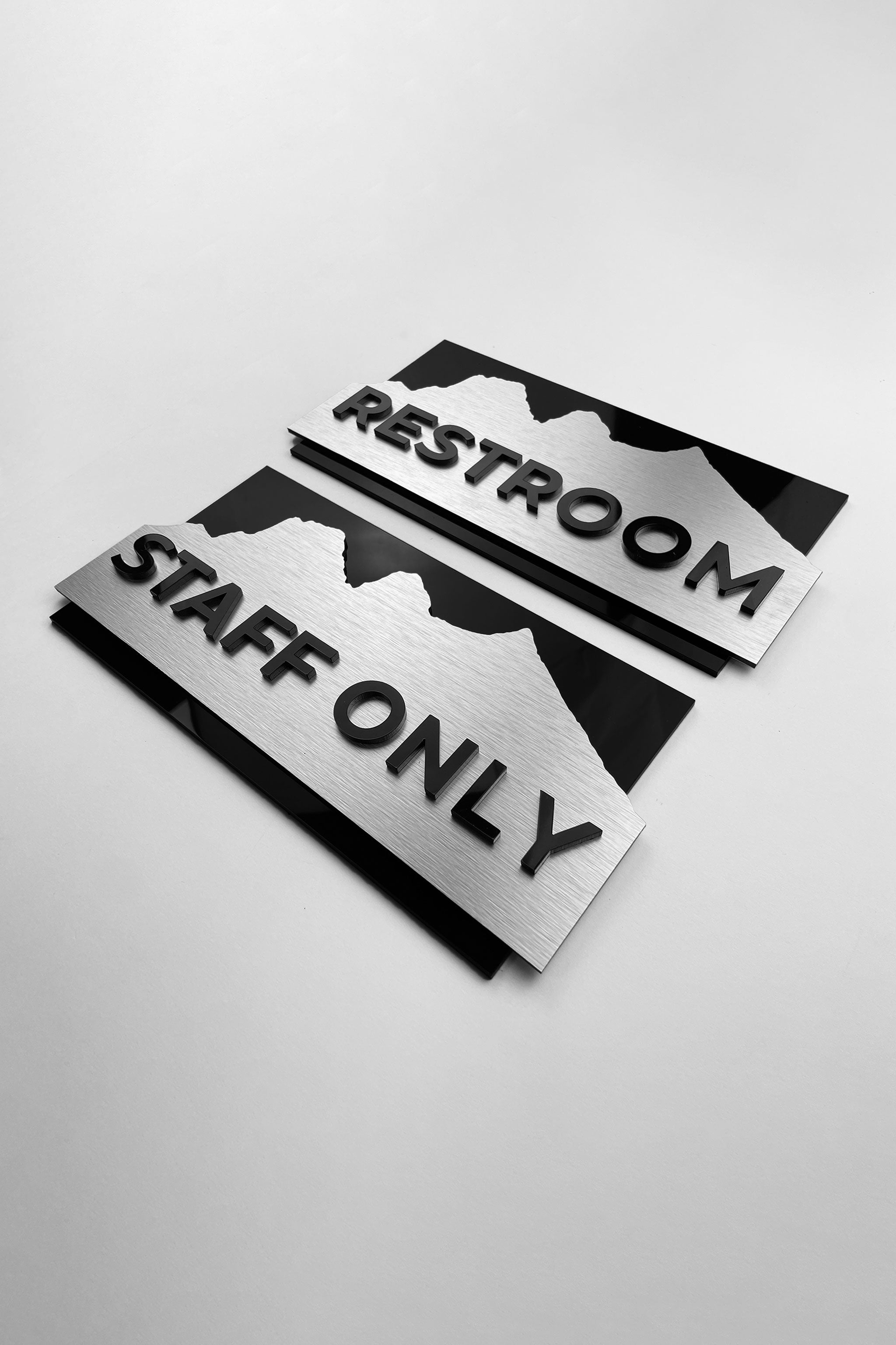 Custom Alpine hotel door sign by ALUMADESIGNCO for staff only, office, restroom, and facility signage, modern wayfinding plaque for hotels and offices