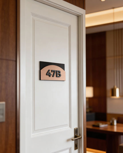 ALUMADESIGNCO Flow Style bronze apartment door number with layered acrylic sign, premium door signage for apartments, Airbnb properties, condos, and offices