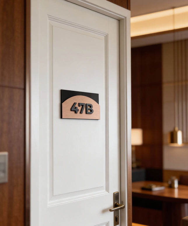 ALUMADESIGNCO Flow Style bronze apartment door number with layered acrylic sign, premium door signage for apartments, Airbnb properties, condos, and offices