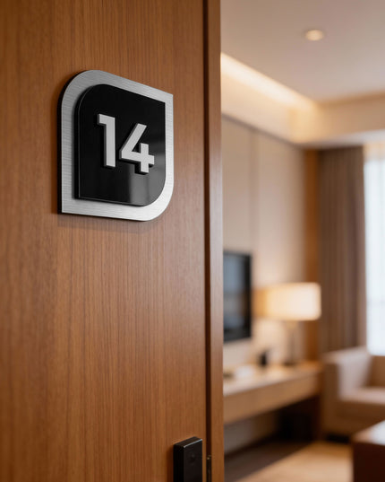 ALUMADESIGNCO hotel interior 3D door number plaque with raised numbers, modern signage for hospitality interiors and apartment buildings