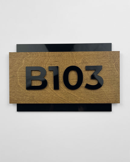 ALUMADESIGNCO custom wooden room number sign made from birch wood and black acrylic numbers, modern door signage for hotels, apartments, Airbnb properties, and offices