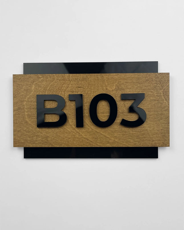 ALUMADESIGNCO custom wooden room number sign made from birch wood and black acrylic numbers, modern door signage for hotels, apartments, Airbnb properties, and offices