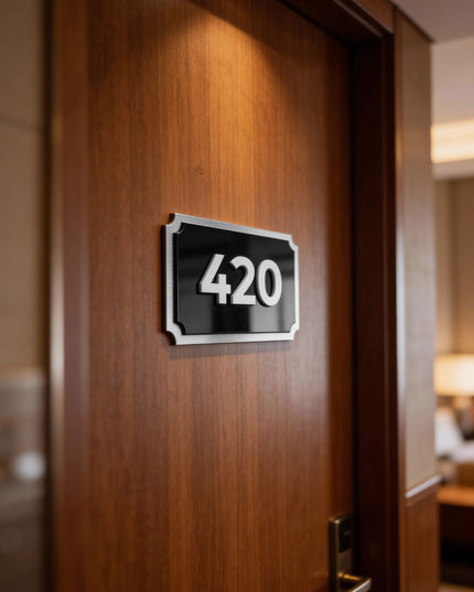 Retro Room Number Sign - 3D Layered Brushed Silver & Acrylic Glass - ALUMADESIGNCO Door Signs - Custom Door Signs For Business & Office