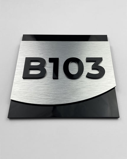ALUMADESIGNCO brushed silver suite number plaque with raised acrylic numbers, premium signage for hotel suites, Airbnb properties, and apartments