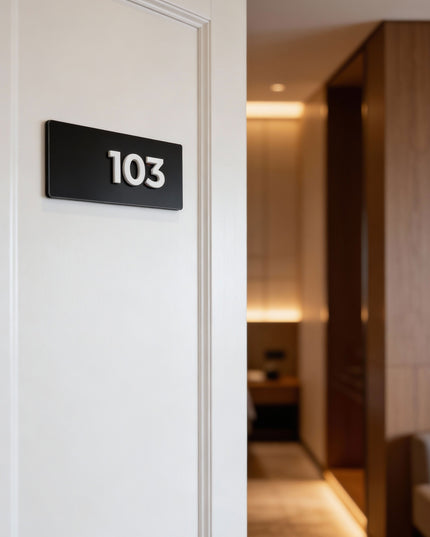 Modern custom suite number sign by ALUMADESIGNCO combining black metal panel and white acrylic numbers, stylish door signage for hotel suites and apartments