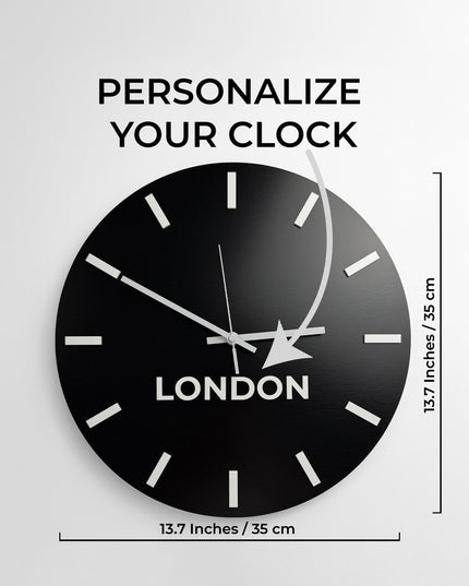 ALUMADESIGNCO modern world time zone wall clock with brushed black finish and white acrylic glass labels, custom décor for offices, hotels, apartments, and contemporary interior spaces
