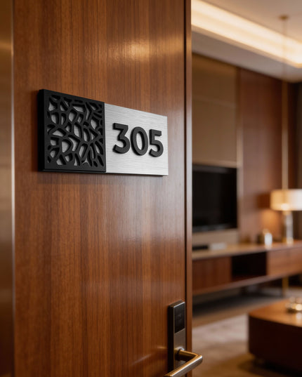 ALUMADESIGNCO Mosaic Design room number plaque with minimalist modern style, premium door signage for boutique hotels and apartment buildings