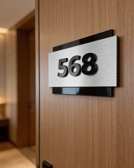 ALUMADESIGNCO elegant room number sign with brushed metal plaque and acrylic numbers, modern door signage for hotels, apartments, and office interiors
