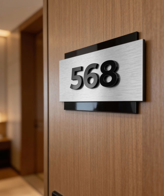 ALUMADESIGNCO elegant room number sign with brushed metal plaque and acrylic numbers, modern door signage for hotels, apartments, and office interiors
