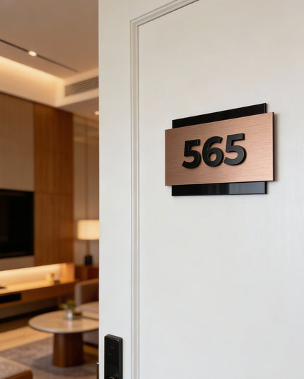 ALUMADESIGNCO bronze hotel door number plaque with raised acrylic numbers, modern signage for hotels, Airbnb properties, and residential buildings