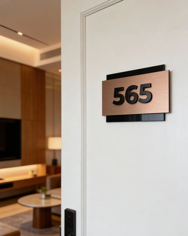 ALUMADESIGNCO bronze hotel door number plaque with raised acrylic numbers, modern signage for hotels, Airbnb properties, and residential buildings