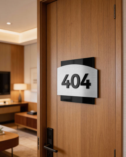 Modern Flow Design door number sign by ALUMADESIGNCO combining brushed silver aluminum and black acrylic characters, stylish hotel and apartment door signage