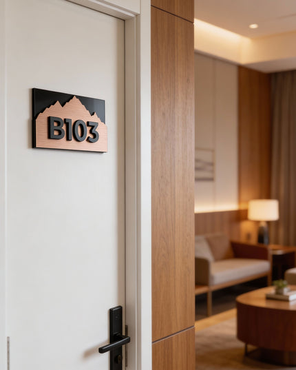 Elegant bronze metal and acrylic glass suite room number sign Alpine Design by ALUMADESIGNCO, modern door plaque for hotel suites and apartment interiors
