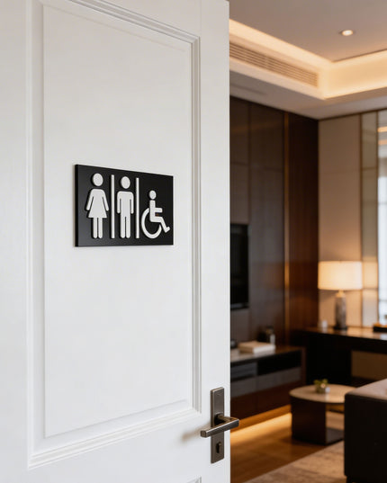 Modern all gender restroom sign by ALUMADESIGNCO featuring clean inclusive style, elegant bathroom signage for hotels, cafés, offices, and public interiors