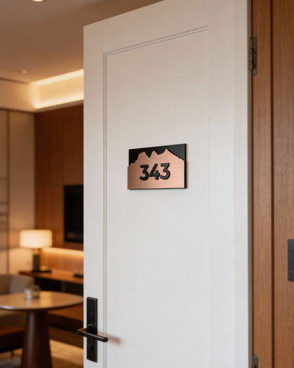 ALUMADESIGNCO Alpine Design high-end room number sign with brushed bronze plaque and black acrylic numbers, luxury door signage for hotels, apartments, and offices