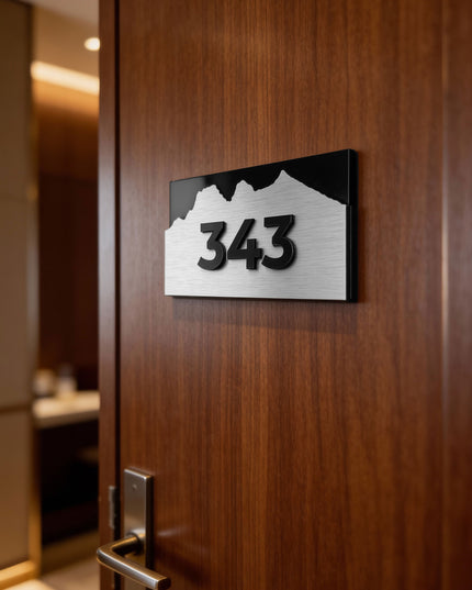 Modern Alpine Design 3D hotel room number plaque by ALUMADESIGNCO combining layered materials and acrylic numbers, stylish door signage for hospitality interiors