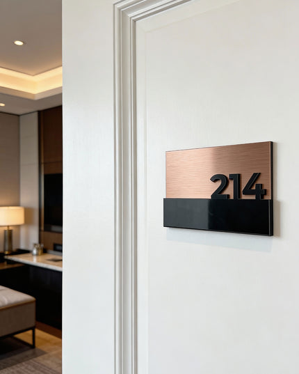 ALUMADESIGNCO elegant suite room sign with brushed bronze plaque and black acrylic glass numbers, premium door signage for hotel suites, apartments, and office interiors