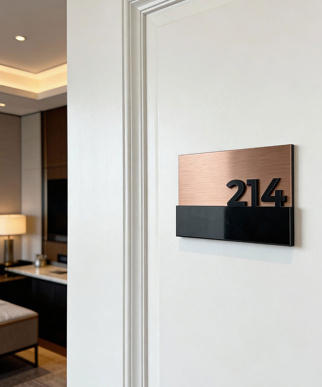 ALUMADESIGNCO elegant suite room sign with brushed bronze plaque and black acrylic glass numbers, premium door signage for hotel suites, apartments, and office interiors