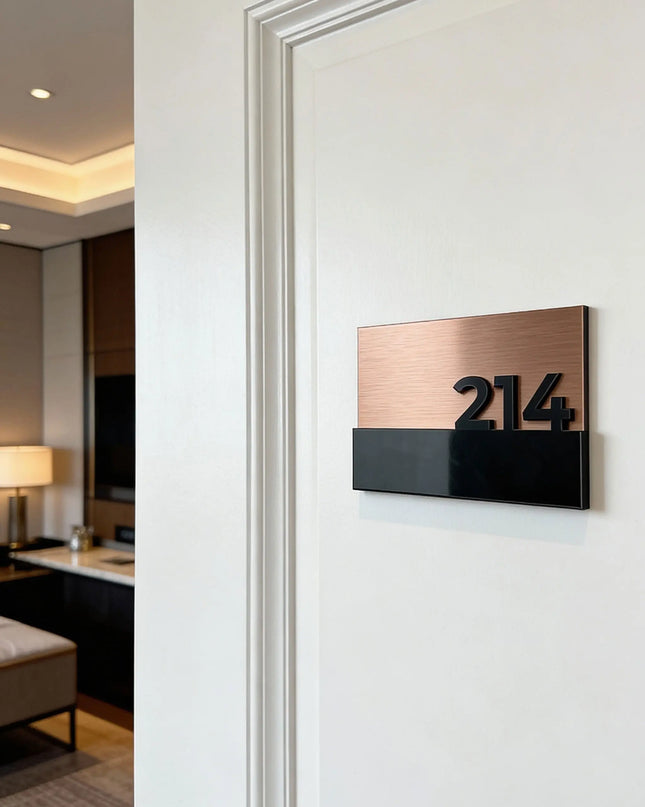 ALUMADESIGNCO elegant suite room sign with brushed bronze plaque and black acrylic glass numbers, premium door signage for hotel suites, apartments, and office interiors
