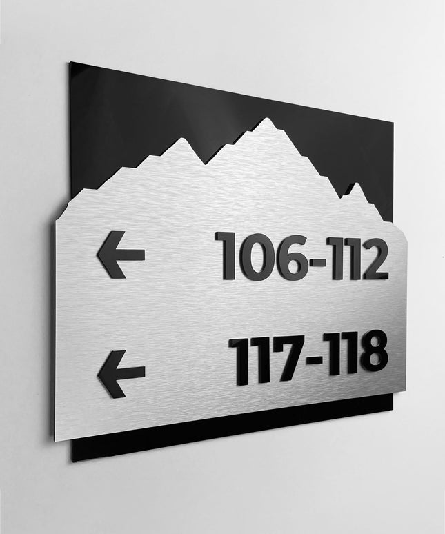 Brushed silver and black acrylic wayfinding sign Alpine Design by ALUMADESIGNCO, elegant directional plaque for offices, hotels, corridors, and modern interior spaces