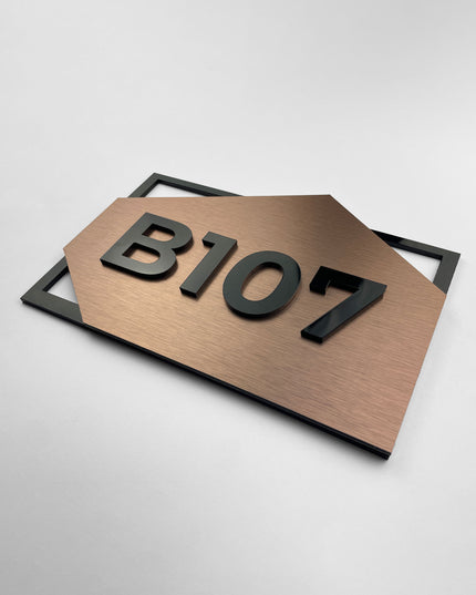 ALUMADESIGNCO brushed bronze hotel room signage with black acrylic glass numbers, modern door number sign for hotels, apartments, Airbnb properties, and offices