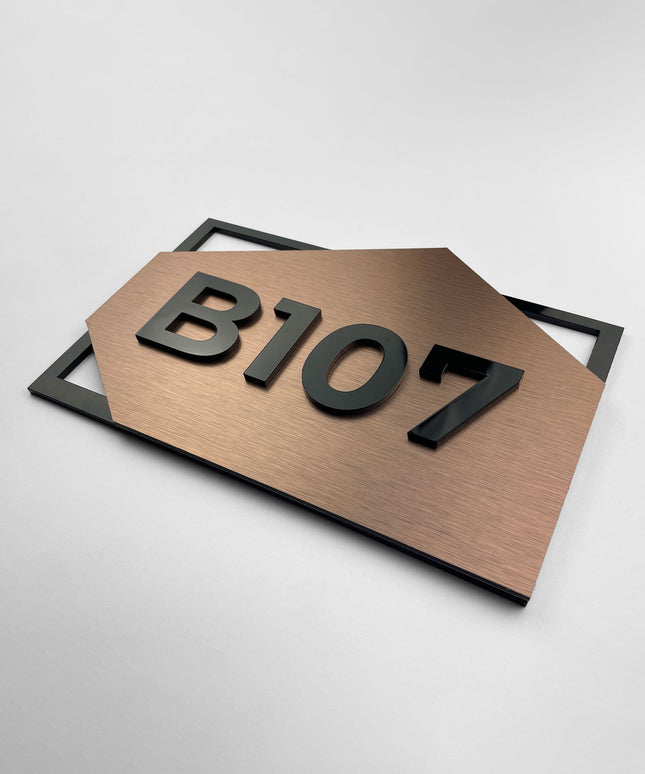 ALUMADESIGNCO brushed bronze hotel room signage with black acrylic glass numbers, modern door number sign for hotels, apartments, Airbnb properties, and offices