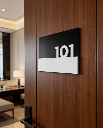 ALUMADESIGNCO Horizon Design elegant black room number sign for doors with raised acrylic numbers, modern door signage for hotels, apartments, Airbnb properties, and offices