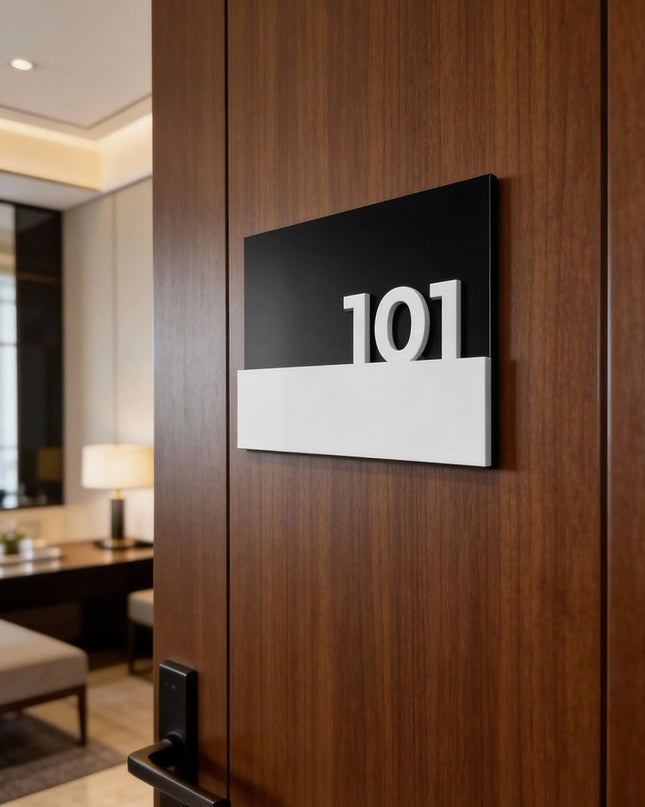 ALUMADESIGNCO Horizon Design elegant black room number sign for doors with raised acrylic numbers, modern door signage for hotels, apartments, Airbnb properties, and offices