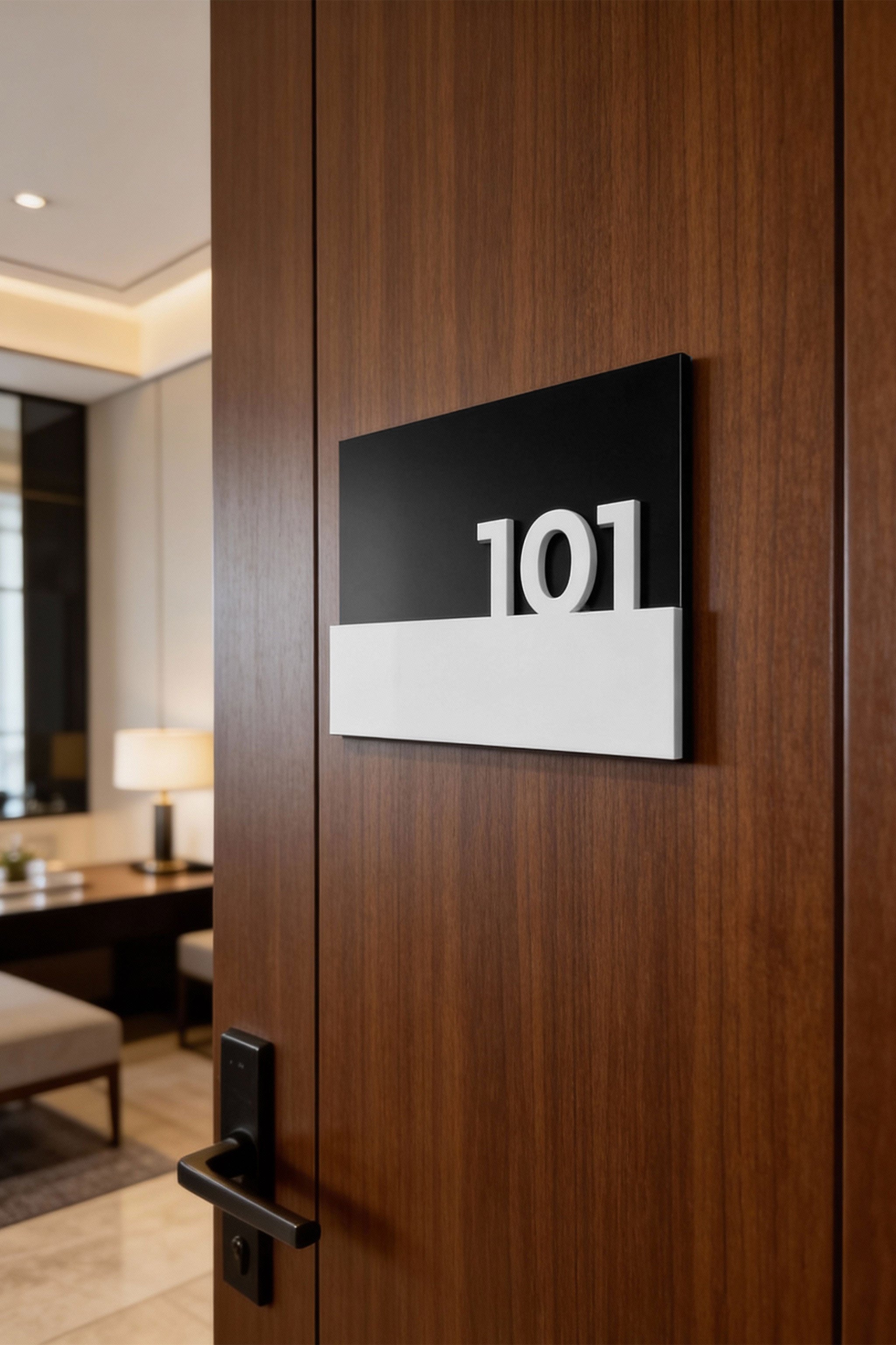 ALUMADESIGNCO Horizon Design elegant black room number sign for doors with raised acrylic numbers, modern door signage for hotels, apartments, Airbnb properties, and offices