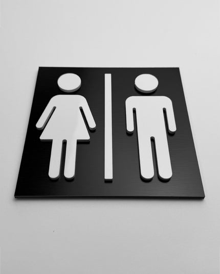 ALUMADESIGNCO unisex restroom door sign with male and female symbols, stylish toilet signage for offices, hospitality spaces, and modern interiors