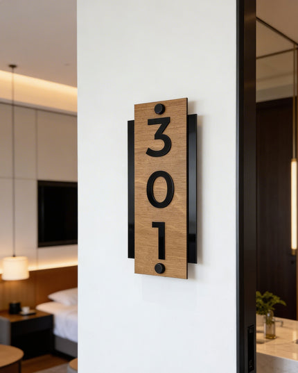 Premium standoff mounted hotel room sign by ALUMADESIGNCO combining natural birch wood and black acrylic numbers, modern vertical door number plaque for hotel corridors and apartment buildings