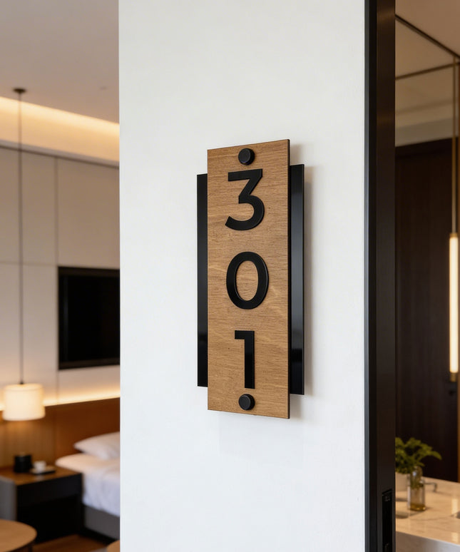 Premium standoff mounted hotel room sign by ALUMADESIGNCO combining natural birch wood and black acrylic numbers, modern vertical door number plaque for hotel corridors and apartment buildings