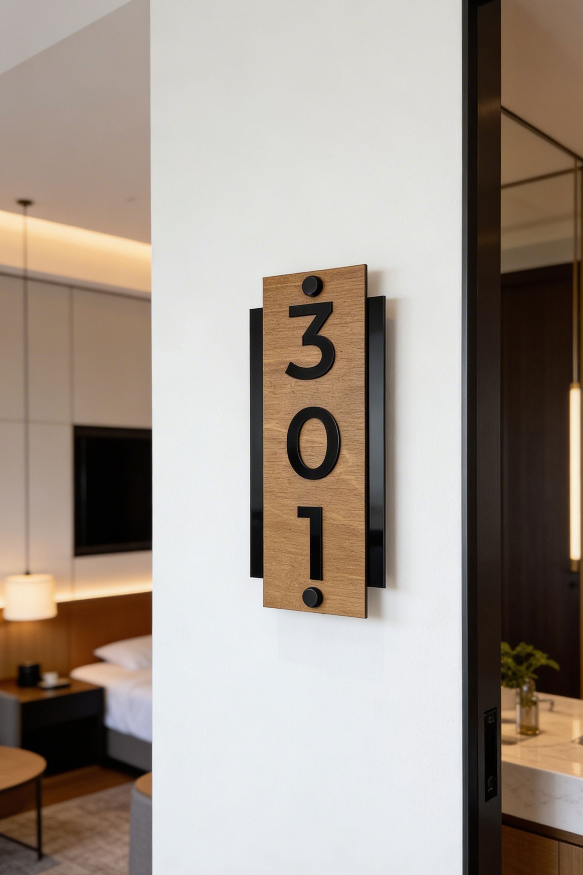 Premium standoff mounted hotel room sign by ALUMADESIGNCO combining natural birch wood and black acrylic numbers, modern vertical door number plaque for hotel corridors and apartment buildings