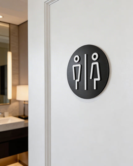 ALUMADESIGNCO male and female restroom sign with modern pictograms, premium bathroom door signage for offices, hotels, cafés, and commercial interiors