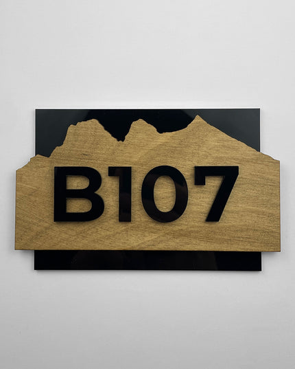 ALUMADESIGNCO Alpine Design birch plywood and acrylic glass room number sign with raised numbers, modern hotel door signage for apartments, offices, and hospitality spaces